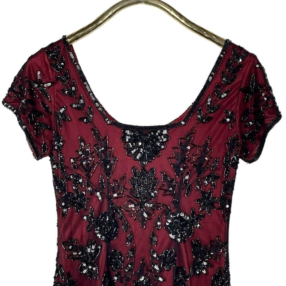 Pisarro Nights Burgundy Mini Dress with Black Sequin Appliqué - Picture 9 of 15